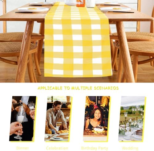 Cupuamon Fabric Checkered Table Runner 6 Pack Waterproof Gingham Table Runner 14W x 108L Buffalo Check Table Runners for Parties Kitchen Dining Wedding Banquet (Yellow and White) - Image 3