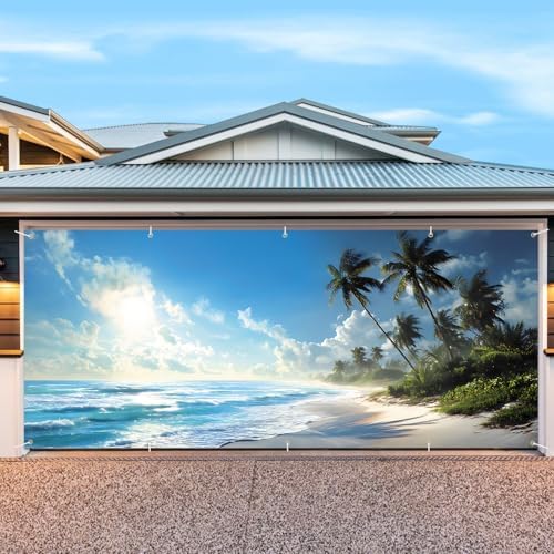 7 * 16FT Summer Garage Door Cover Decorations Sunset Palm Trees Garage Door Banner for Outdoor Indoor Summer Party Photography Backdrop (Summer Beach, 7 * 16 ft) - Image 4