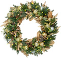24 Inch Lighted Christmas Wreath with 30 Warm White LEDs and Timer, Battery Operated Pre-Lit Artificial Wreath with Pinecones, Ornaments and Gold Leaves for Front Door by Arborvigro