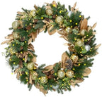 24 Inch Lighted Christmas Wreath with 30 Warm White LEDs and Timer, Battery Operated Pre-Lit Artificial Wreath with Pinecones, Ornaments and Gold Leaves for Front Door by Arborvigro