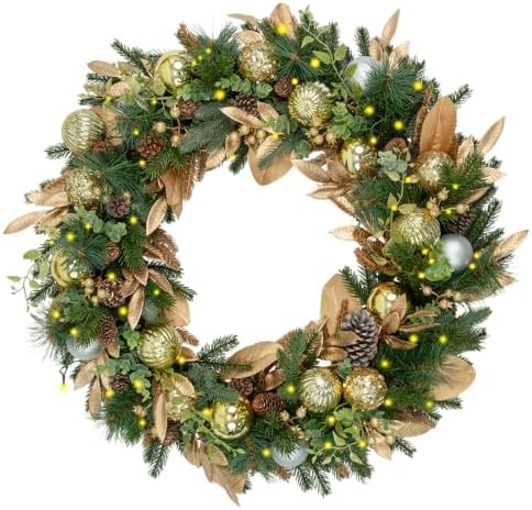 24 Inch Lighted Christmas Wreath with 30 Warm White LEDs and Timer, Battery Operated Pre-Lit Artificial Wreath with Pinecones, Ornaments and Gold Leaves for Front Door by Arborvigro