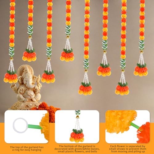 8PCS Diwali Artificial Marigold Garland for Home Decor, Marigold Long Strands with Bells and Leaves for India Wedding, Pooja Decor, Marigold Flowers Strings for All Year Decoration - Image 3