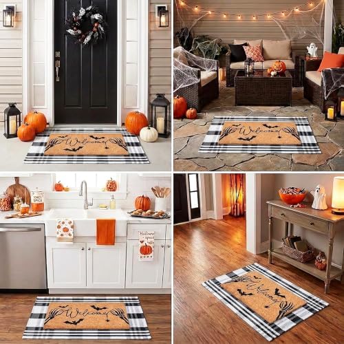 Halloween Welcome Door Mat Combo Set, Skeletal Hand Coco Coir Doormat -3'*5' Black and White Striped Rug, Autumn Front Porch Entryway Decor Floor Mat - Image 5