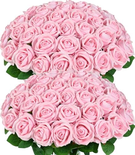50Pcs Pink Roses Artificial Flowers, Real Touch Velvet Fake Roses Bouquet by BLEUMCADE