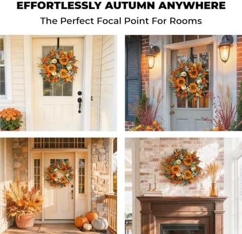 24" Fall Sunflower Wreath for Front Door - Artificial Autumn Wreath with Cream Pumpkins, Pomegranates and Mixed Berries - Farmhouse Harvest Floral Wreath for Thanksgiving Door Decor - Image 3
