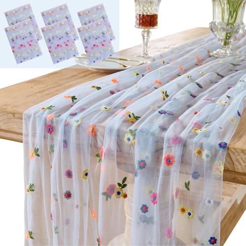 6PCS Blue Floral Table Runner 10 FT, Embroidery Daisy Table Runners Seasonal Spring Summer Sheer Tulle Dining Table Decor for Home Party Birthday Decor 29x120 Inch ﻿ by Hugestar