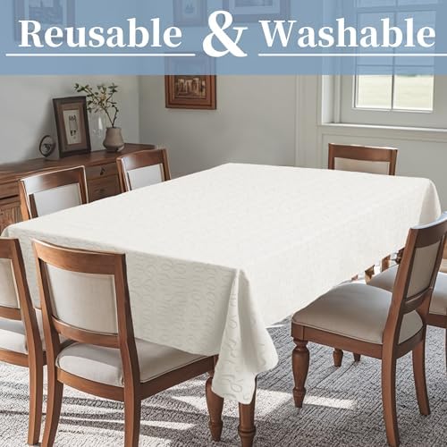 Wedding Tablecloths, 1PC Washable Table Cover for Rectangle Tables 60"x102" (8-10 Seat) - Cotton Polyester | Reusable | Wrinkle/Fade Resistant, White Table Cloth for Party & Banquet, Bow Jacquard - Image 2