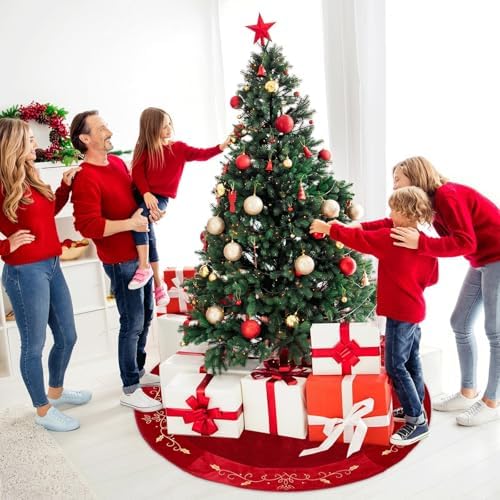 QOUBAI 36inch Christmas Tree Skirt Red Luxury Velvet Plush Fur Skirts with Gold Embroidery Xmas Velvet Tree Skirt Holly Leaves Gold Embroidered Tree Skirt for Christmas Holiday Party Decorations - Image 4