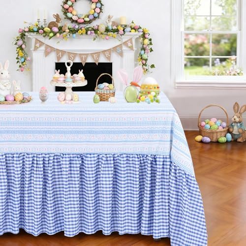 Easter Tablecloth Blue Rabbit Ruffle Table Cloth - 90 x 132 Inch Waterproof Tablecloths Rectangle Washable Polyester Bunny Flowers Table Cover for Birthday Wedding Dinner Picnic Party Decoration - Image 3