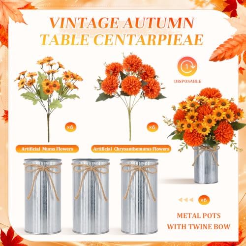 Zeyune 6 Sets Fall Thanksgiving Table Centerpiece Decoration Harvest Artificial Flower Daisy Mums with Metal Pot for Autumn Rustic Farmhouse Home Kitchen Dining Indoor Decoration - Image 4