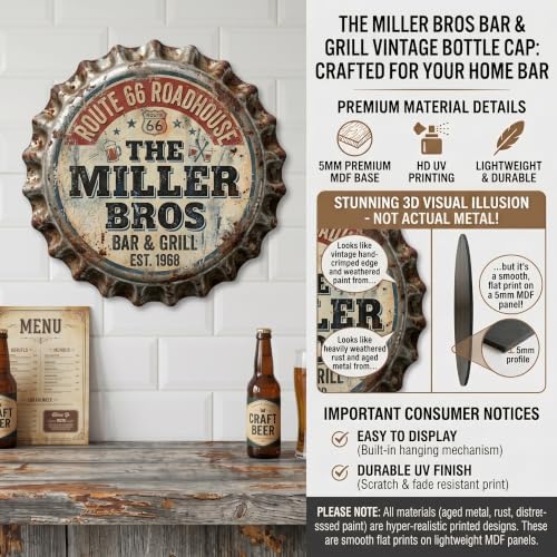 Custom Vintage Bottle Cap Sign | Personalized Faux Metal Wall Decor for Home Bar & Man Cave | UV Printed Lightweight MDF Tavern Plaque | Retro Garage & Pub Gift - Image 2