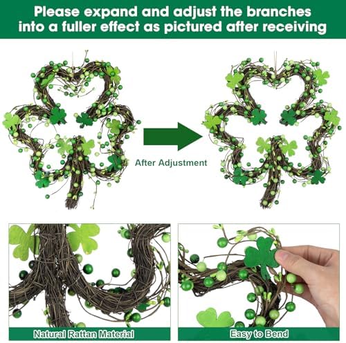 St Patricks Day Wreaths for Front Door, Artificial Shamrock Wreath Wood Lucky Clover Door Decorations with Green Berries for Spring Wall Mantel Window Home Party Decor - Image 6