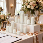 12 Pack White Pillar Candles + 12 Pack Vertical Ribbed Clear Glass Cylinder Holders, Hurricane Candle Shades for Wedding, Home, Party Table Centerpieces Decor - Image 6