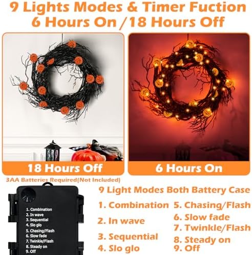 [ 8 Modes & Timer ] 6 Ft 45 LED Halloween Willow Vine Twig Garland Decorations with 15 Pumpkins Orange Lights, Battery Operated Waterproof Halloween Decorations for Home Wall Mantle Fireplace Decor - Image 2