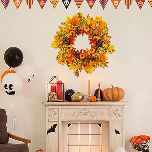GLLBTPT 20in Fall Wreath Full Handcrafted Autumn Front Door Wreath with Pumpkins Maple Leaves Berries for Halloween Thanksgiving Harvest Decoration (Maple Leaf) - Image 5