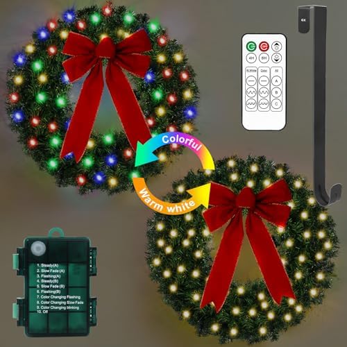 24" Pre-lit Christmas Wreath with 50 Lights & Timer & Remote, 150 Branches - Waterproof Battery Operated Lighted Christmas Door Wreath with Hanger & Red Bow for Christmas Outdoor Decorations by GameXcel