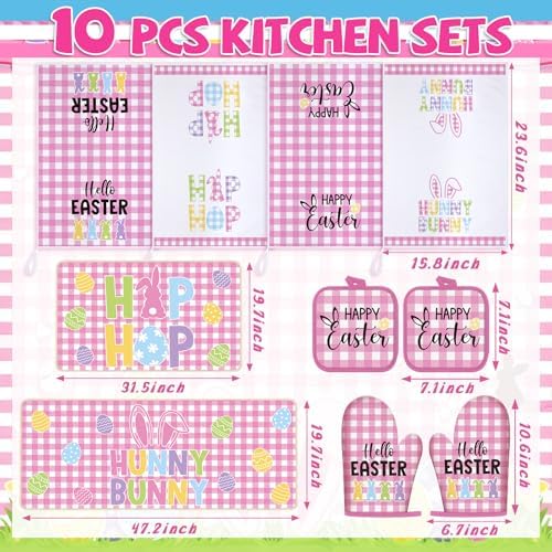 VitalCozy 10 Pcs Happy Easter Kitchen Decor Set Bunny Kitchen Towels and Rugs Oven Mitts and Pot Holders Home Decor Accessories Sets for Easter Chef Baking Cooking Grilling BBQ Gift - Image 3
