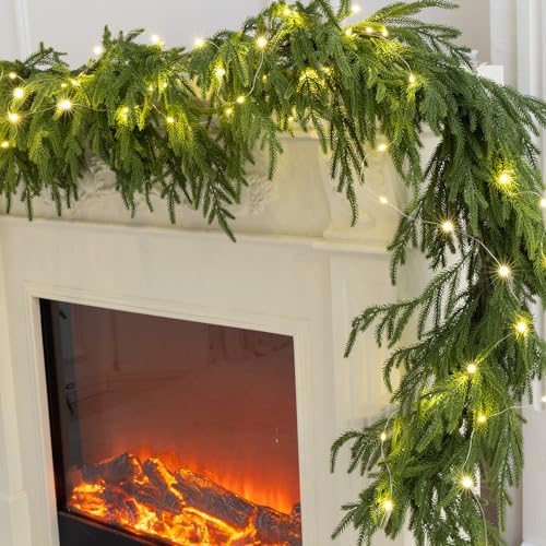 MISSPIN 9ft Christmas Garland with LED Lights, Real Touch Norfolk Pine Garland, Green Artificial Greenery Garland for Table, Mantle, String Light, Wall, Indoor, Outdoor Christmas Decorations - Image 4