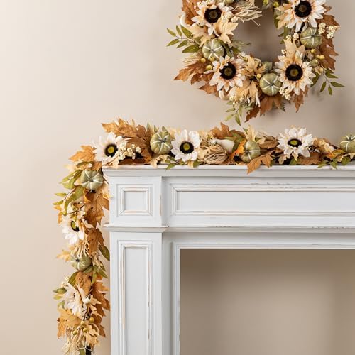 Glitzhome Fall Maple Leaf Garland - 6FT Artificial Sunflower Pumpkin Autumn Garland Decoration for Wedding Party Thanksgiving Dinner Fireplace Door Frame Doorway Backdrop Decor by Glitzhome