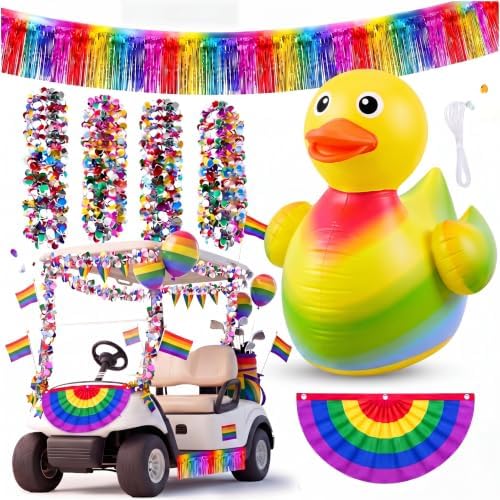 Hungdao Golf Cart Parade Decorations Kit – Rainbow Float Party Supplies with Inflatable Duck, Tinsel Garlands, Flag Bunting & Streamers for Community Parades, Summer Parties & Outdoor Events by Hungdao