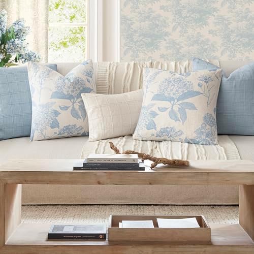 Foindtower Set of 2 Linen Floral Vintage Throw Pillow Covers Neutral Accent Decorative Cozy Cushion Covers Farmhouse Boho Home Decor for Sofa Chair Couch Bedroom Living Room,22×22 Inch,Sky Blue - Image 6