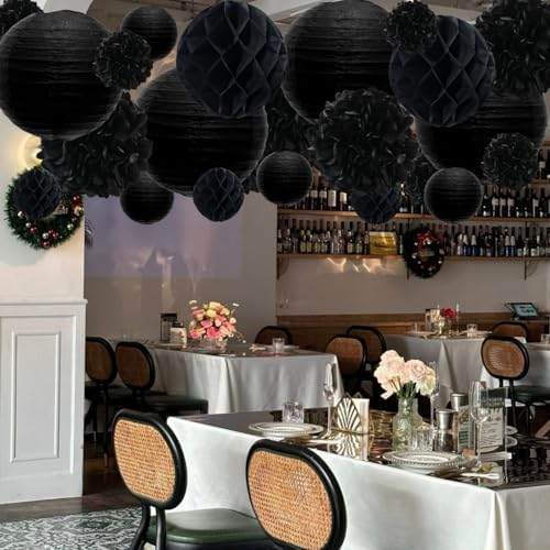 WOLHOWLTD Black Paper Decoration Set - 34 Pcs Paper Lanterns, Pompoms, Honeycomb for Wedding,Harvest, Halloween,School Day,Bridal Shower, Scary Birthday Party Classroom,Home Decoration (Black) - Image 3