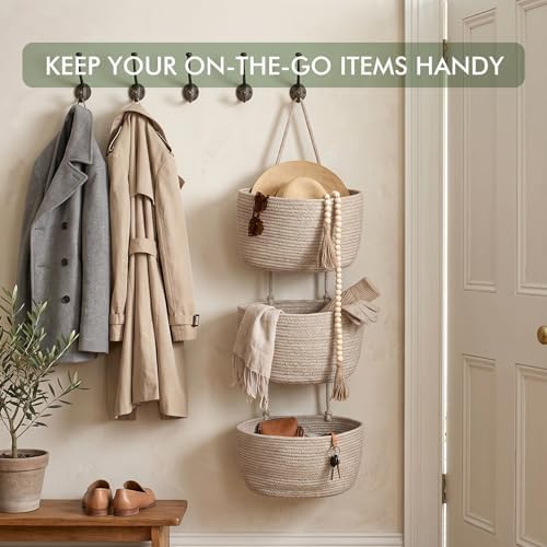 Wall Hanging Rope Baskets 3-Tier Boho Organizers(Flax Brown & Black, Large) - Image 5