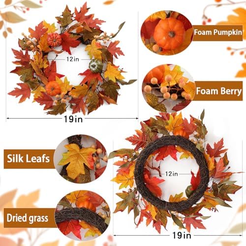 MIZII Fall Wreaths for Front Door 19 inch Yellow Fall Wreath with Artificial Maple Leaves Pumpkin Autumn Leaf Thanksgiving Halloween Harvest Door Decorations for Wall Porch Home Decor (Yellow) - Image 2