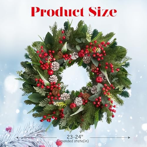 24 Inch Christmas Wreath with Red Berries, Apples, Pinecones and Eucalyptus - Image 4