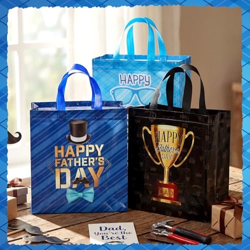 Wesnoy 48 Pcs Happy Father's Day Tote Gift Bags Bulk with Handles Plaid Non Woven Dad Candy Bags Reusable for Gift Wrapping Happy Men Father's Day Goody Shopping Party Favor, 11.4 x 10.6 x 4.7 Inch - Image 4