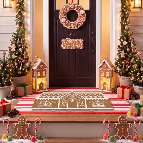 Moucuny 2 Pcs Christmas Doormat Outdoor, Gingerbread House, Non Slip - Image 4