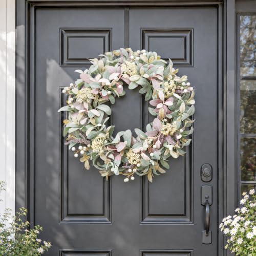 26 Inch Lambs Ear Wreaths for Front Door, Artificial Summer Fall Wreath with Mixed Color Lambs Ear, Berries & Wheat, Year Round Door Wreath for Farmhouse Wedding Home Porch Indoor Outdoor Decor - Image 5