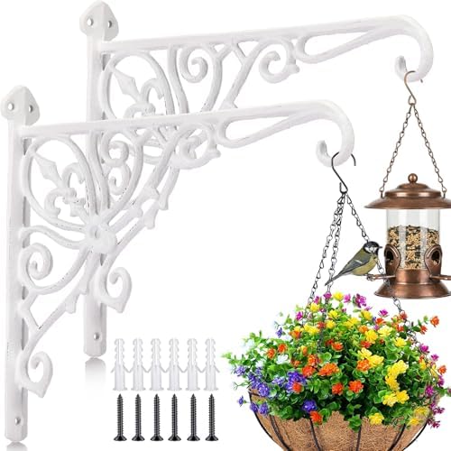 2 Pack Cast Iron Hanging Plant Bracket 12" Outdoor Wall Plant Hangers Hooks Heavy Duty Hanging Bracket Hooks Vintage Decorative Wall Hangers for Pots Bird Feeder Wind Chime Lantern (White) by Otoolling