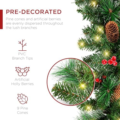 Best Choice Products 9ft Pre-Lit Holiday Pre-Decorated Christmas Garland for Stairs, Fireplace, Decoration w/PVC Tips, 50 LED Lights, Pine Cones, Berries - Image 3
