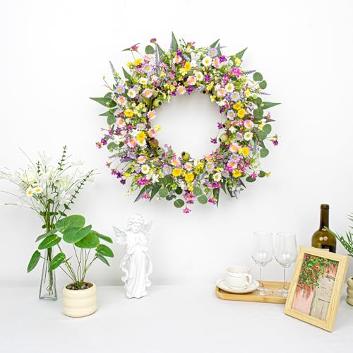 Yawwind 22 Inches Summer Wreaths for Front Door Green Spring Floral Wreath Summer Door Wreath Wildflower Wreaths with Lavender Daisy for Indoors Windows Porch Wall Outside All Season - Image 5