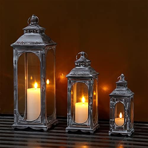 TRIROCKS Set of 3 Vintage Candle Lanterns 10/14/19.5''H Decorative Outdoor Lantern Metal Candle Holder with Tempered Glass for Home Living Room Garden Yard Parties Event Indoors Outdoors (Cement Grey) - Image 2