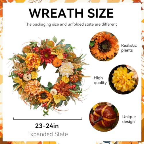 24" Artificial Harvest Fall Wreaths for Front Door with Peony & Pumpkins - Image 3