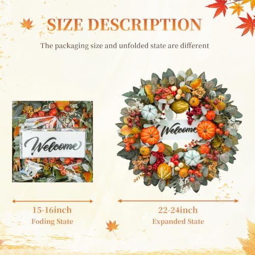 Fall Wreaths for Front Door 24" Welcome Pumpkin Harvest Autumn Wreath - Image 3