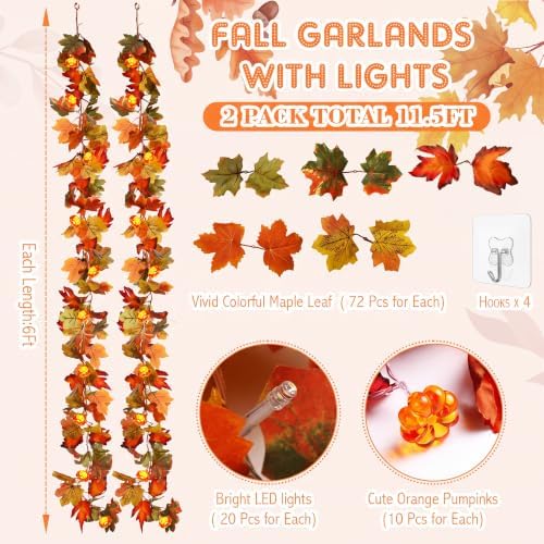 VIHOSE 2 Pack Fall Maple Leaves Thanksgiving Garland 11.5ft, Orange Green - Image 3