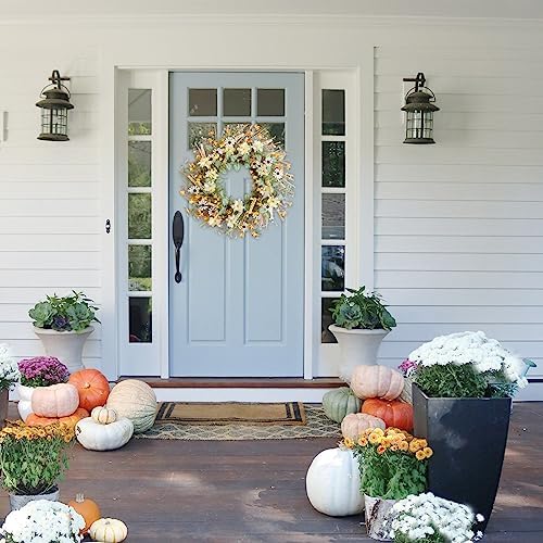 idyllic 22 Inches Spring Wreath for Front Door with Yellow and White Daisies Flowers, Ear of Wheat, Green Leaves, Fall Harvest Wreath for Festival Thanksgiving Farmhouse Wall Home Decor - Image 5