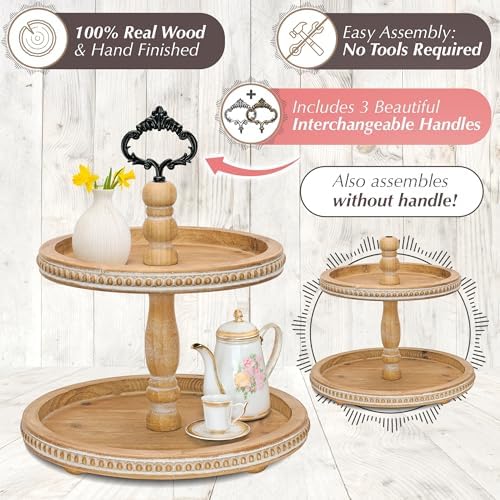 2 Tiered Tray Wooden Serving Stand by Felt Creative Home Goods. Small Beaded Tray for Home Decor Display Farmhouse Country Decoration Kitchen or Dining. Includes 3 Finial Custom Handles (Brown) - Image 6