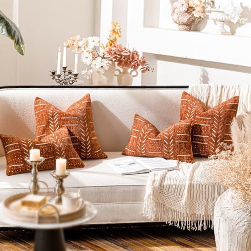 BlissBlush Decorative Throw Pillow Covers 20X20 Set of 2, Brick Red Boho Farmhouse Cushion Cover, Cozy Soft Accent Pillowcase for Couch Sofa Bed Living Room Home Décor - Image 6