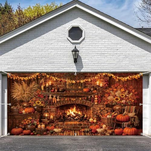 13X6Ft Fall Garage Door Cover Decorations, Autumn Pumpkin Rustic Fireplace Leaves Backdrop Door Cover Fall Thanksgiving Wall Banner Backdrop Background for Home Window Patio Yard - Image 2