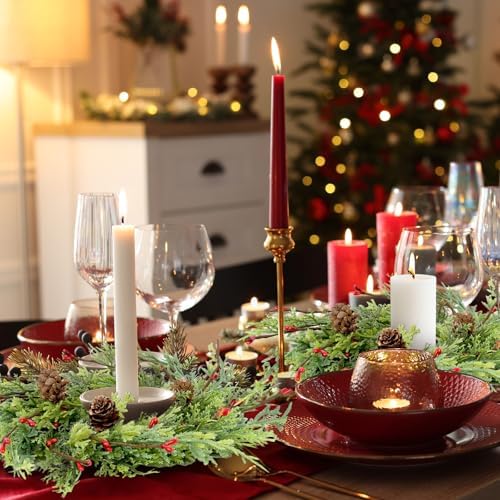 12 Pcs Artificial Christmas Candle Rings 9 Inch Cedar Pine Garland Wreaths with Red Berries Pinecones Wreaths Pine Needles Candle Ring Holder for Christmas Winter Decorations Table Centerpiece - Image 5