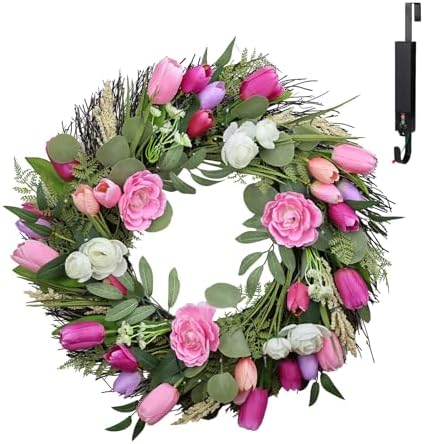 Solar Spring Wreath for Front Door 24inch 50LED Pre-lit Wreaths Spring Summer Decorations Tulips Wreath with Colorful Flowers for Outside Home Decor Festival Farmhouse Decor(2403) by GlowingPetals