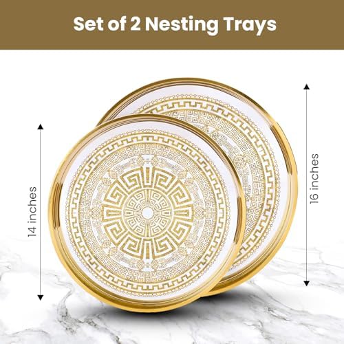 HOME ARCHIVE Round Serving Tray with with Handles Antique Look & Stylish Design Decorative Trays for Kitchen Round Ottoman Tray for Dinning Living Room & Home Decor Pack of 2 (Gold) - Image 2