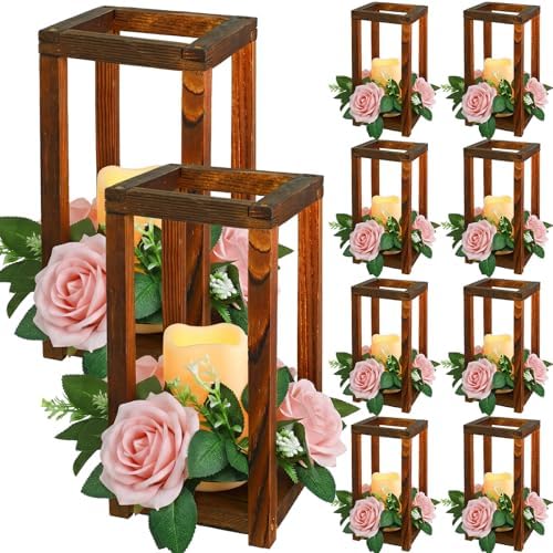 Hushee 30 Pcs Wooden Wedding Lantern Centerpiece, Pink Rose, Brown by Hushee