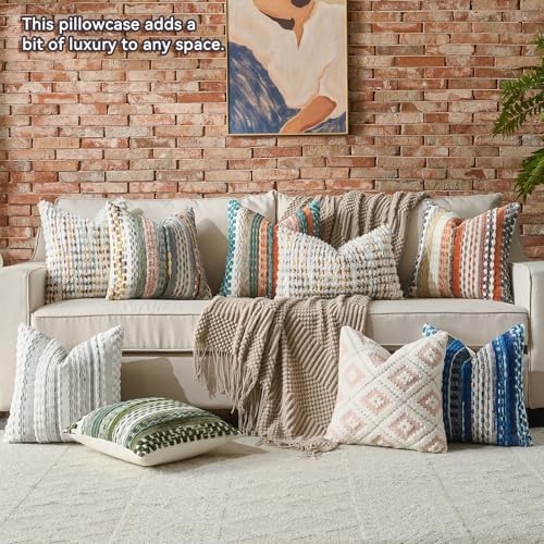 AmHoo Set of 2 Chenille Tufted Striped Textured Boho Throw Pillow Covers Aesthetic Woven Decorative Pillow Case for Couch Bed Sofa Bedroom Modern Funky 18 x 18-Inch Multicolor - Image 6
