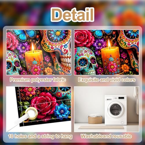 Day of the Dead Garage Door Banner 7x16 FT - Dia De Los Muertos Sugar Skull Backdrop Cover with Vibrant Flowers Butterflies Candles Decor for Double Car Garage Door Outdoor Fiesta Party - Image 4