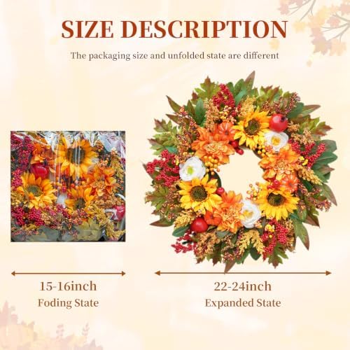 Fall Wreaths for Front Door, 24 Inch Autumn Wreath Luxury Harvest and Thanksgiving Indoor & Outdoor, Fall Door Wreath with Dahlias, Sunflowers,Peony&Pumpkins, Fall Wreath for Outdoor Wreaths - Image 3